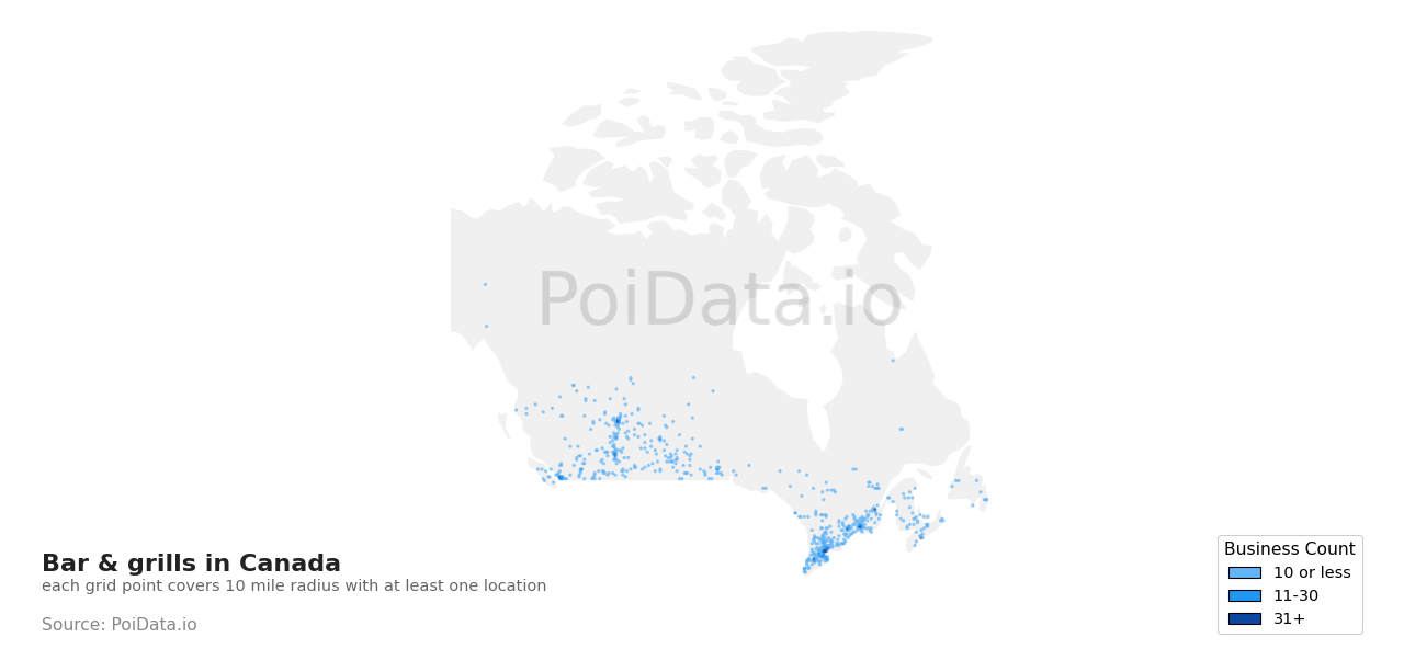 Bar & grill density map for Canada