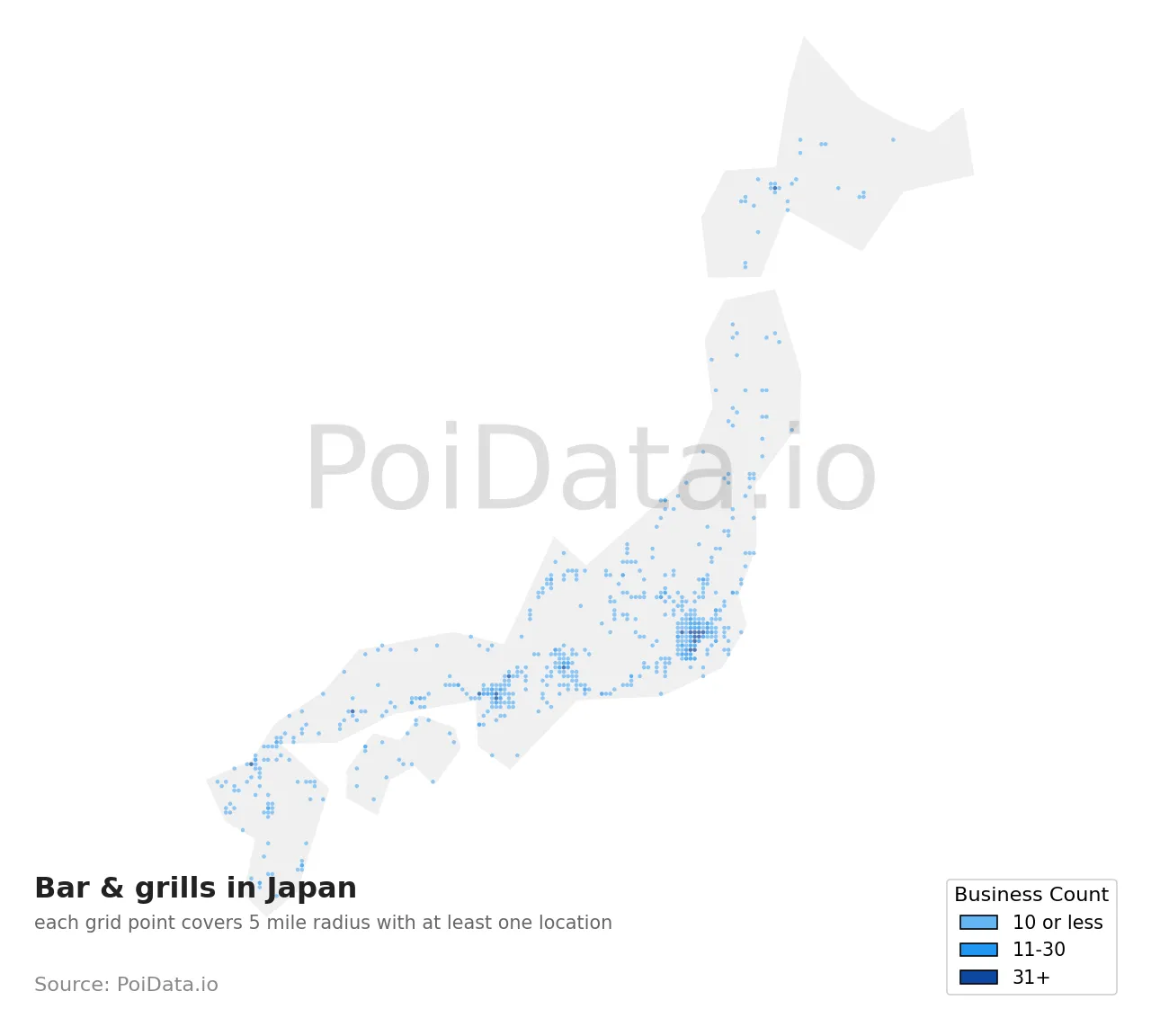 Bar & grill density map for Japan