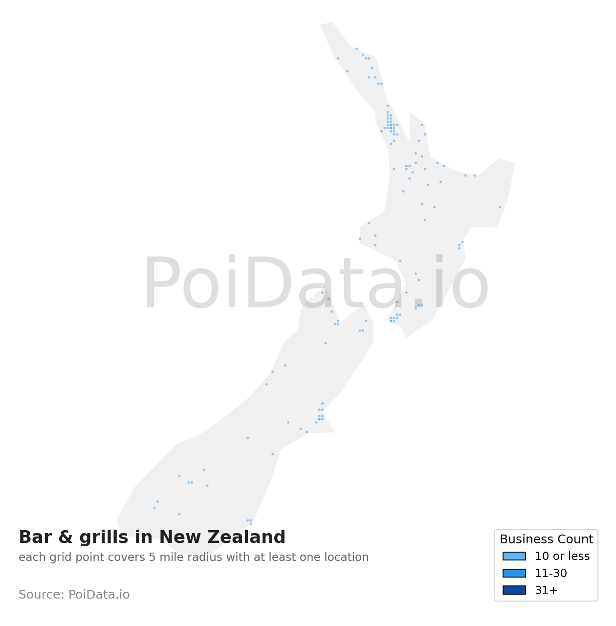 Bar & grill density map for New Zealand