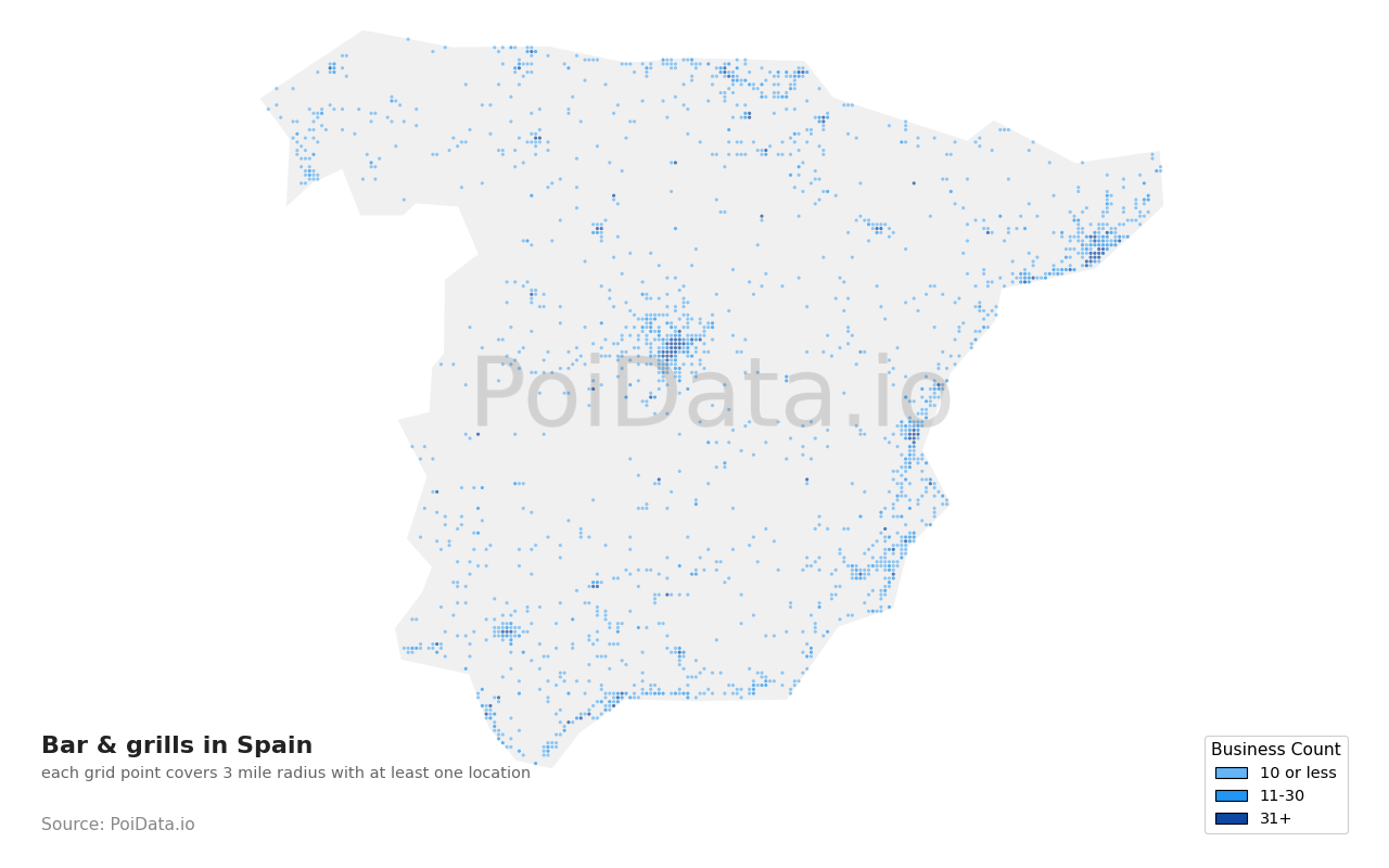 Bar & grill density map for Spain