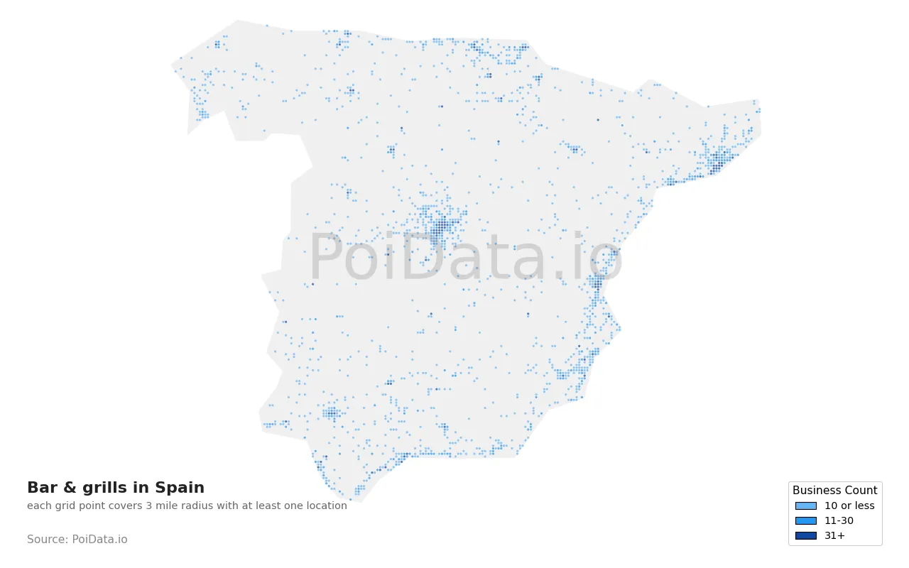 Bar & grill density map for Spain
