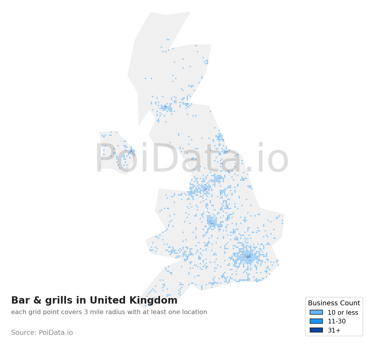 Bar & grill density map for United Kingdom