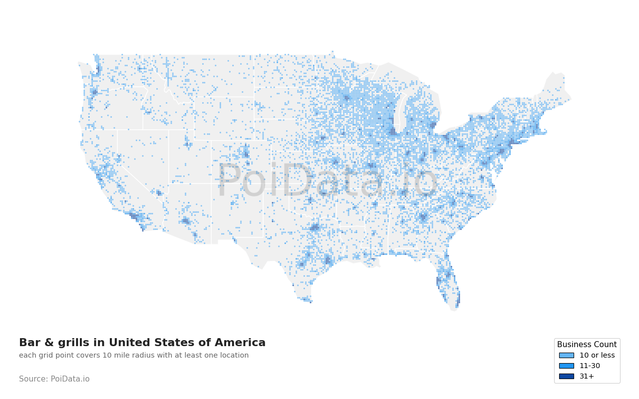 Bar & grill density map for United States