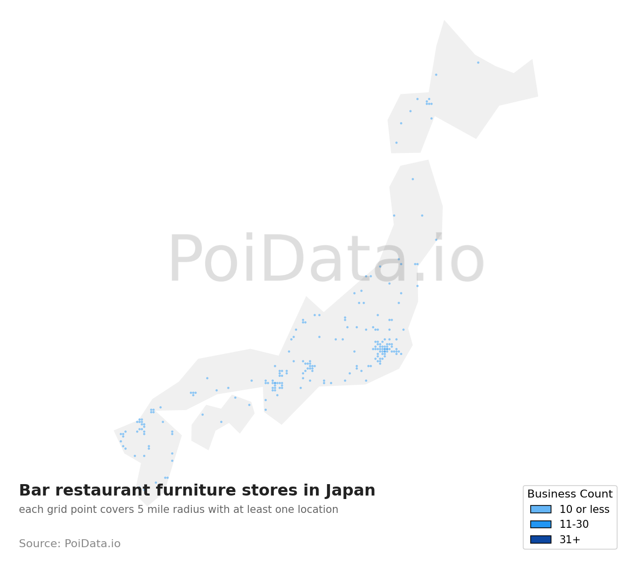 Bar restaurant furniture store density map for Japan