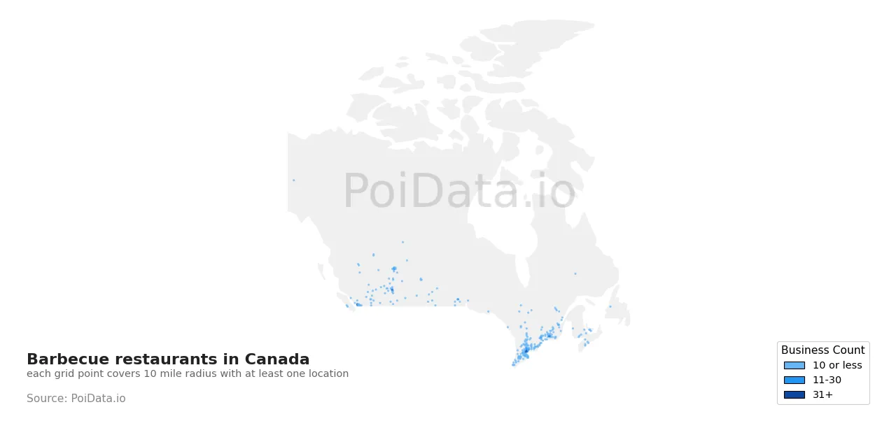Barbecue restaurant density map for Canada
