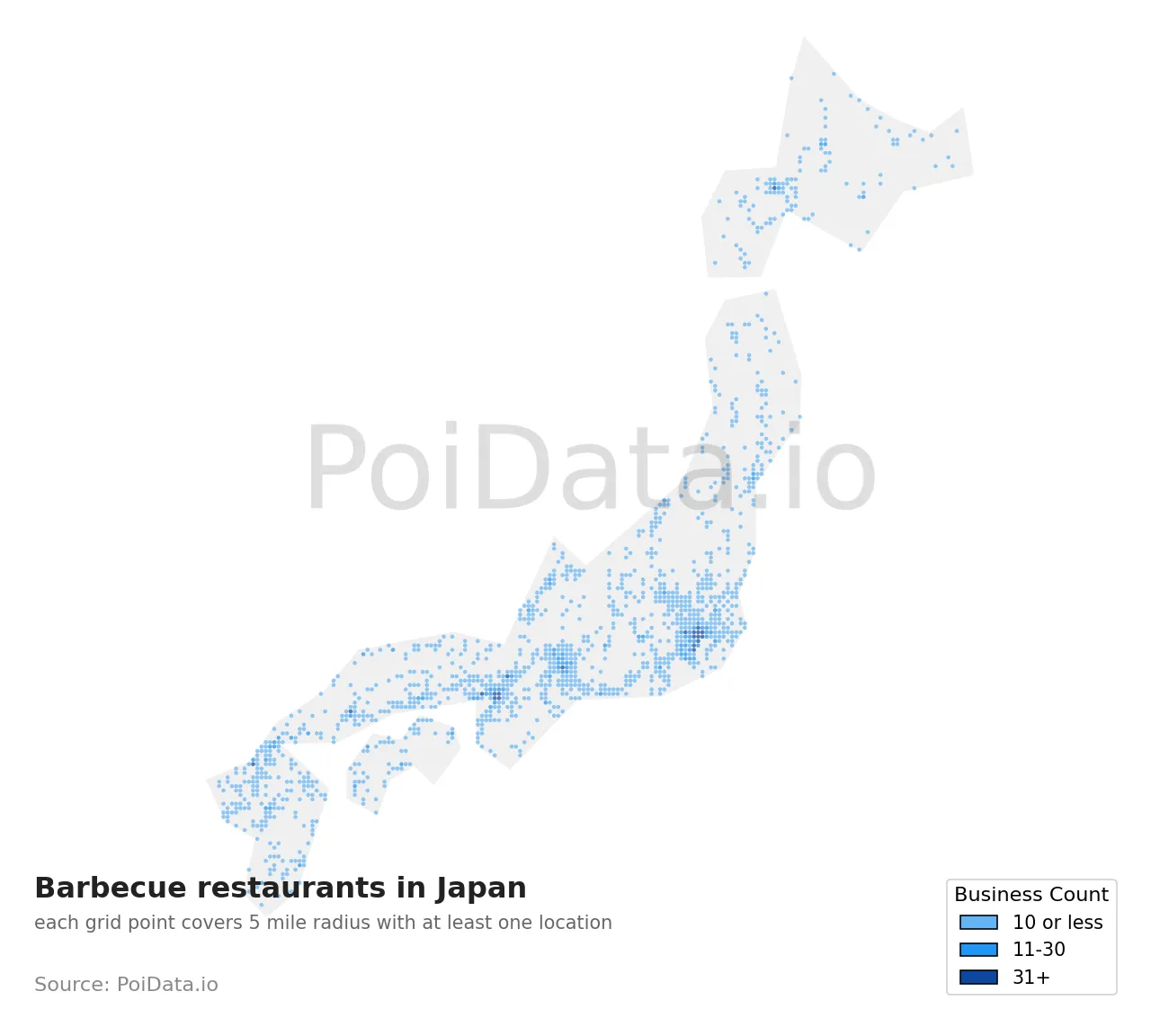 Barbecue restaurant density map for Japan