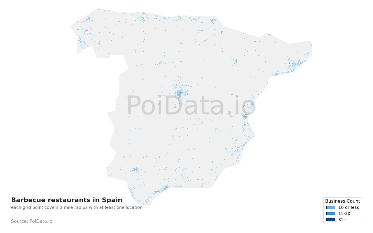 Barbecue restaurant density map for Spain