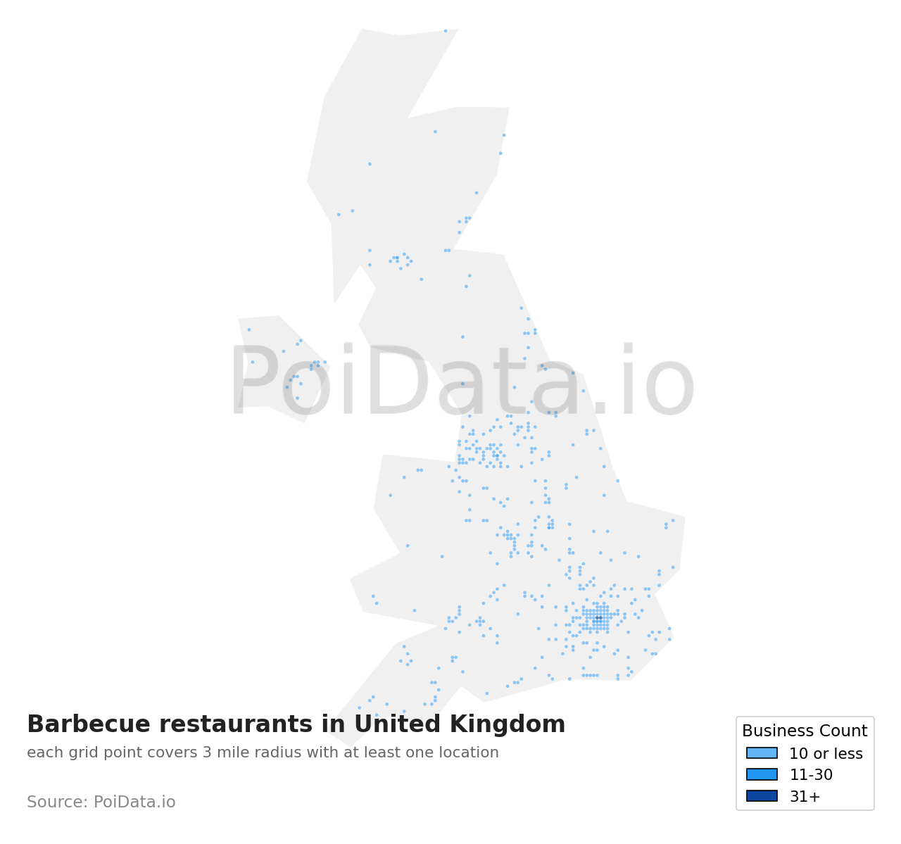 Barbecue restaurant density map for United Kingdom