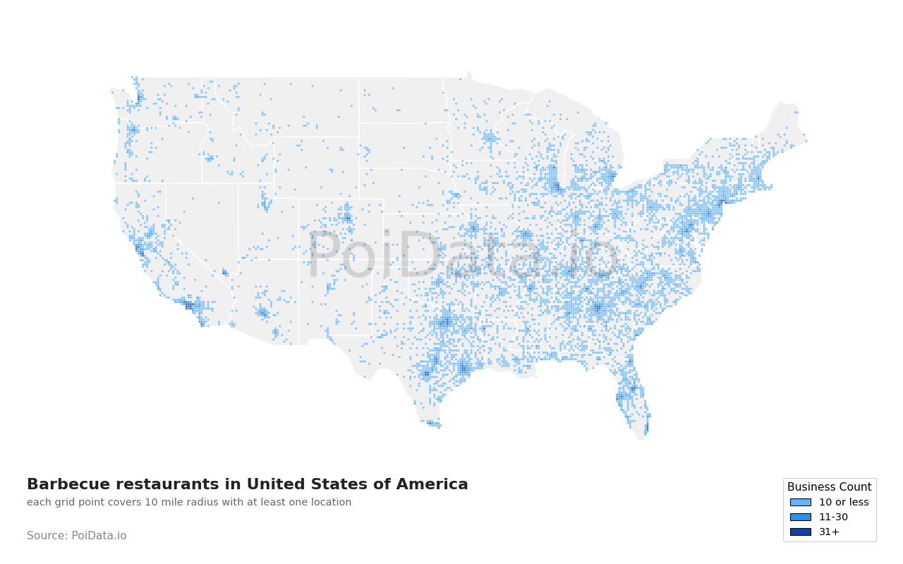 Barbecue restaurant density map for Texas, United States