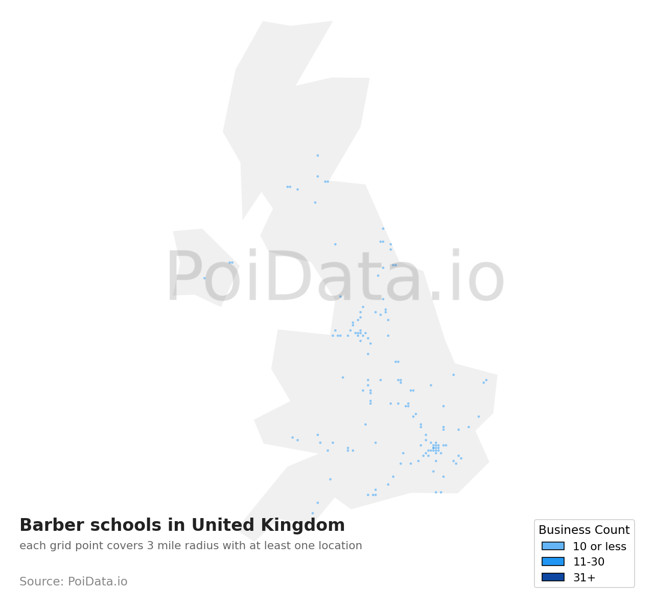 Barber school density map for United Kingdom