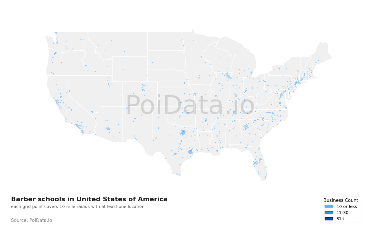 Barber school density map for United States