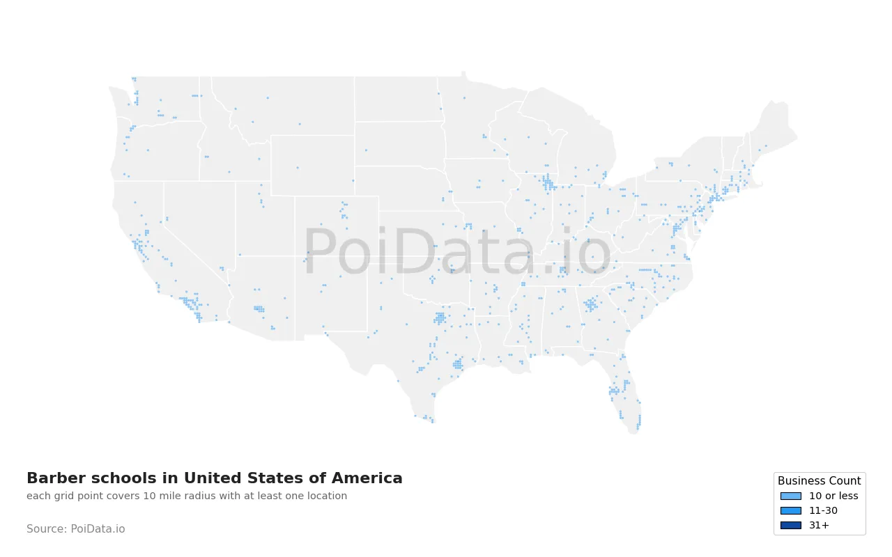 Barber school density map for United States