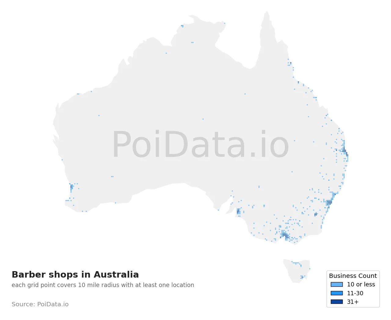 Barber shop density map for Australia