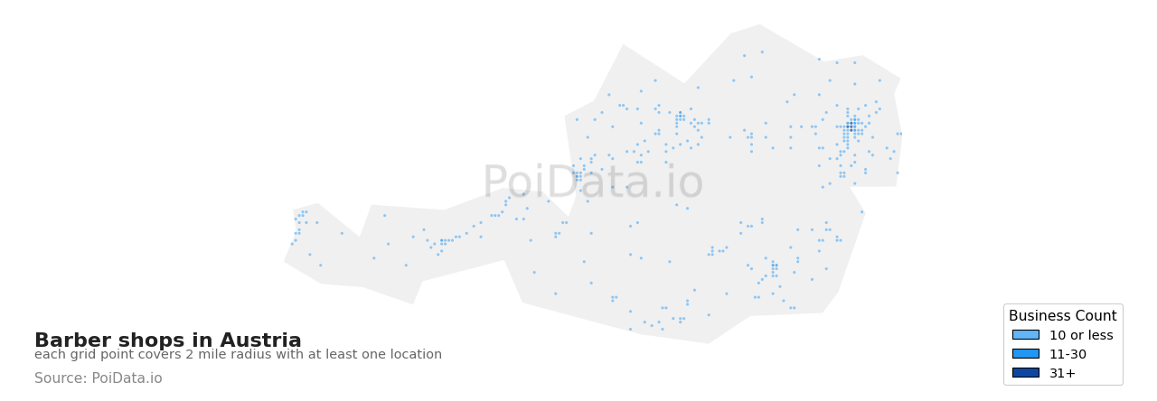 Barber shop density map for Austria
