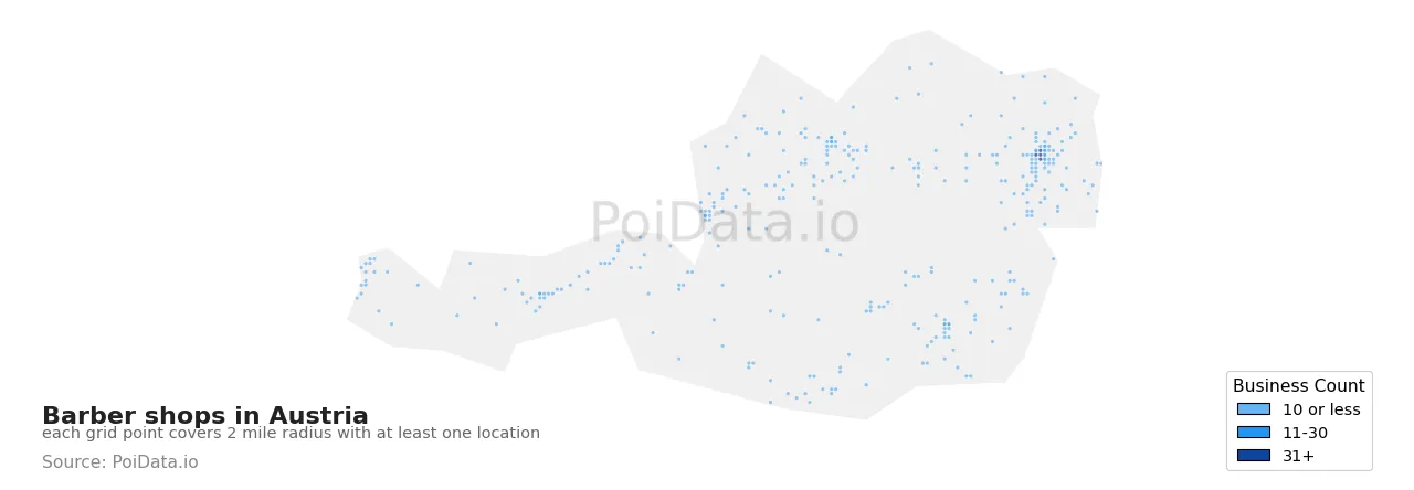 Barber shop density map for Austria