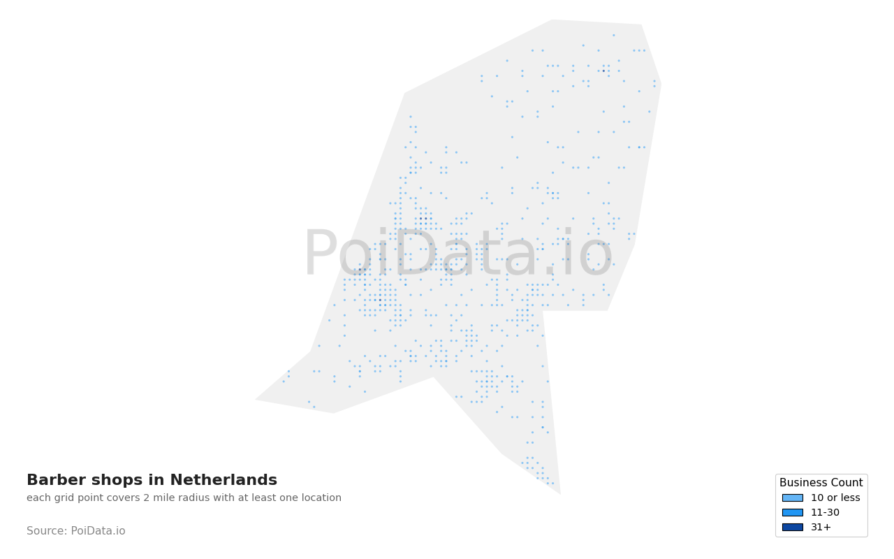 Barber shop density map for Netherlands