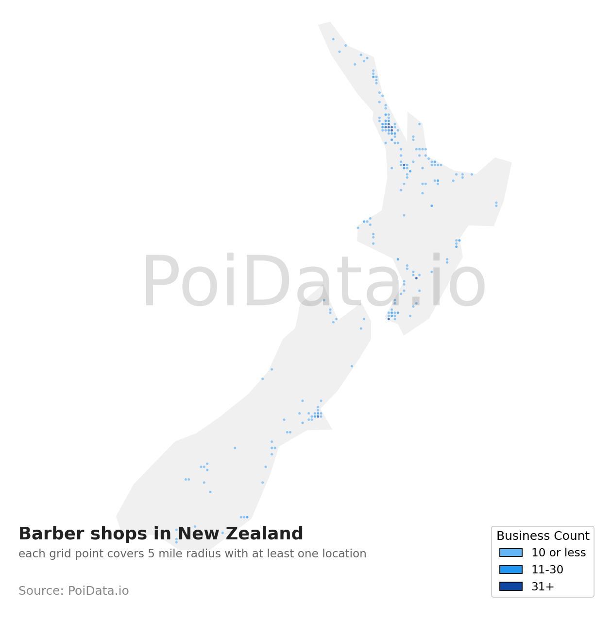 Barber shop density map for New Zealand