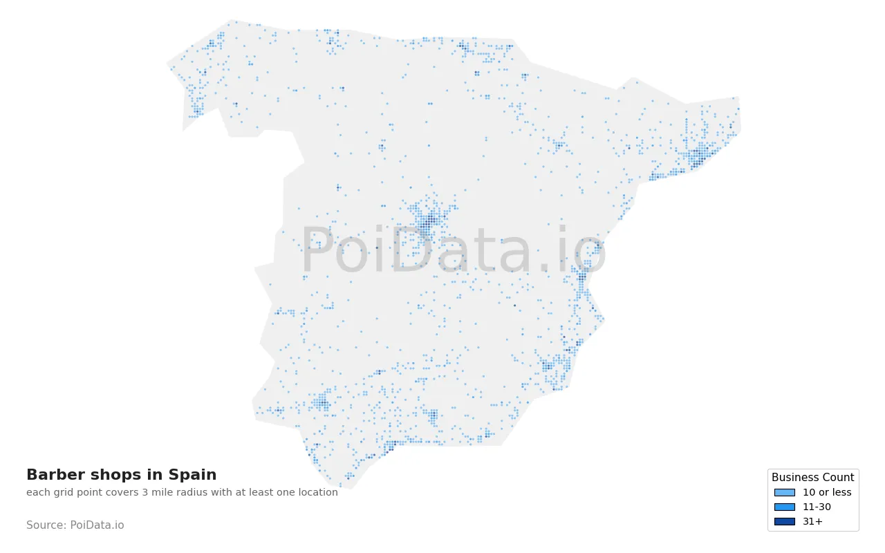 Barber shop density map for Spain