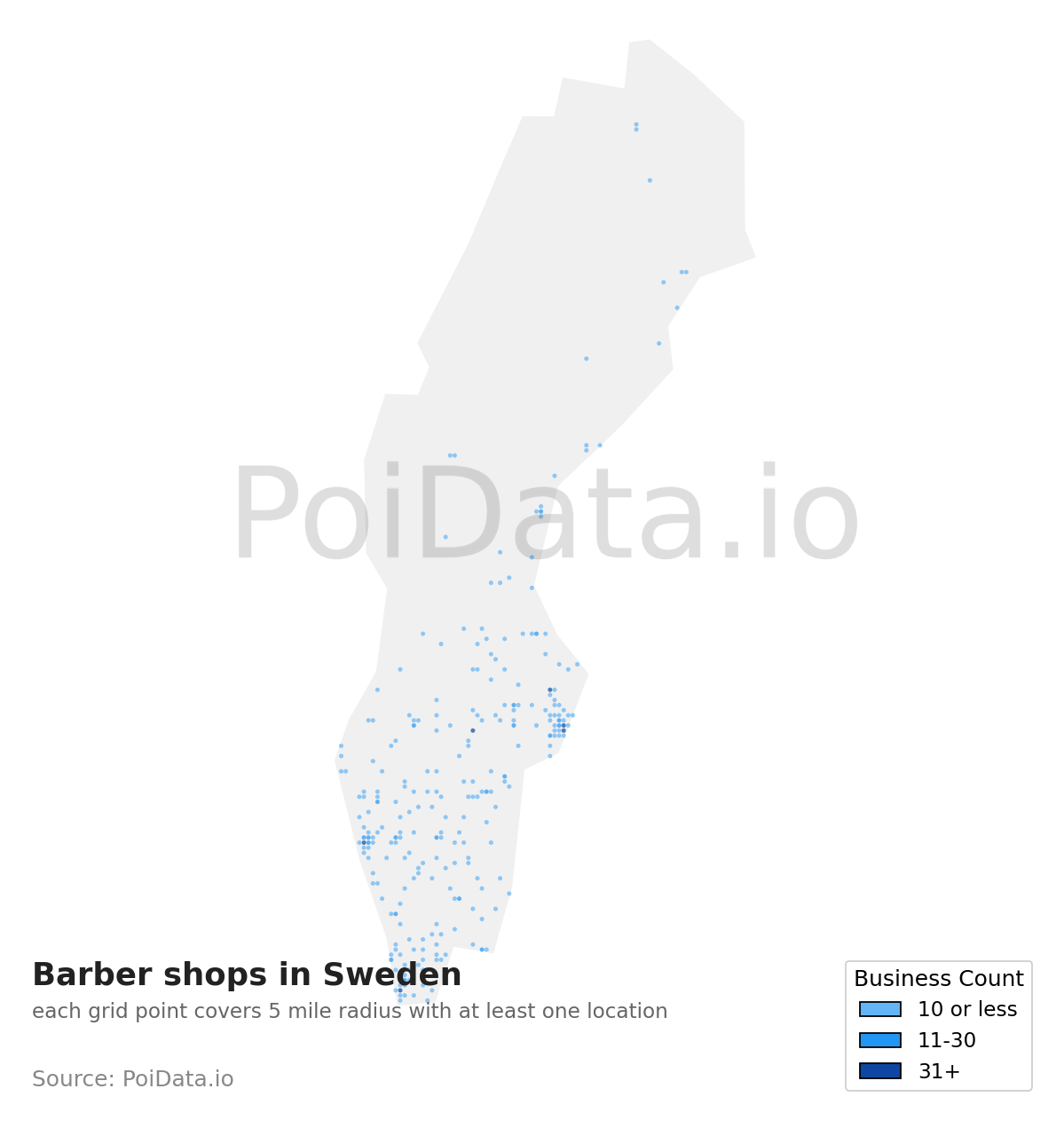 Barber shop density map for Sweden
