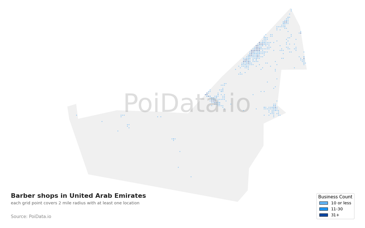 Barber shop density map for United Arab Emirates