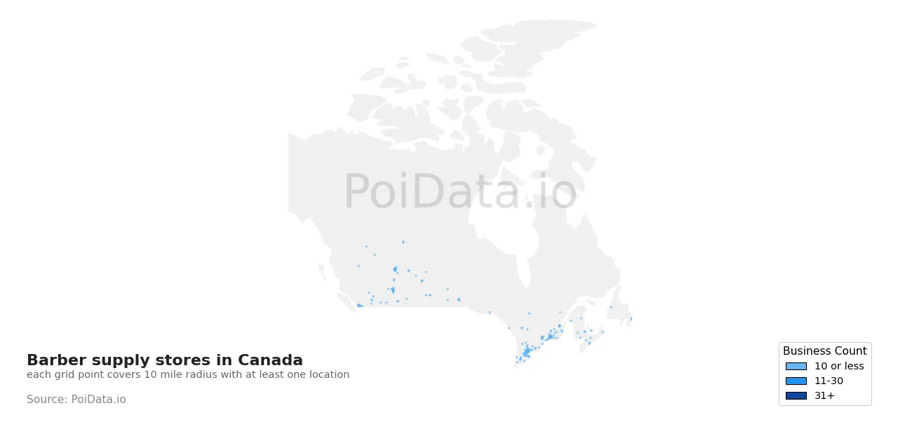 Barber supply store density map for Canada