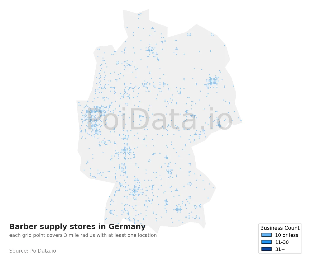Barber supply store density map for Germany