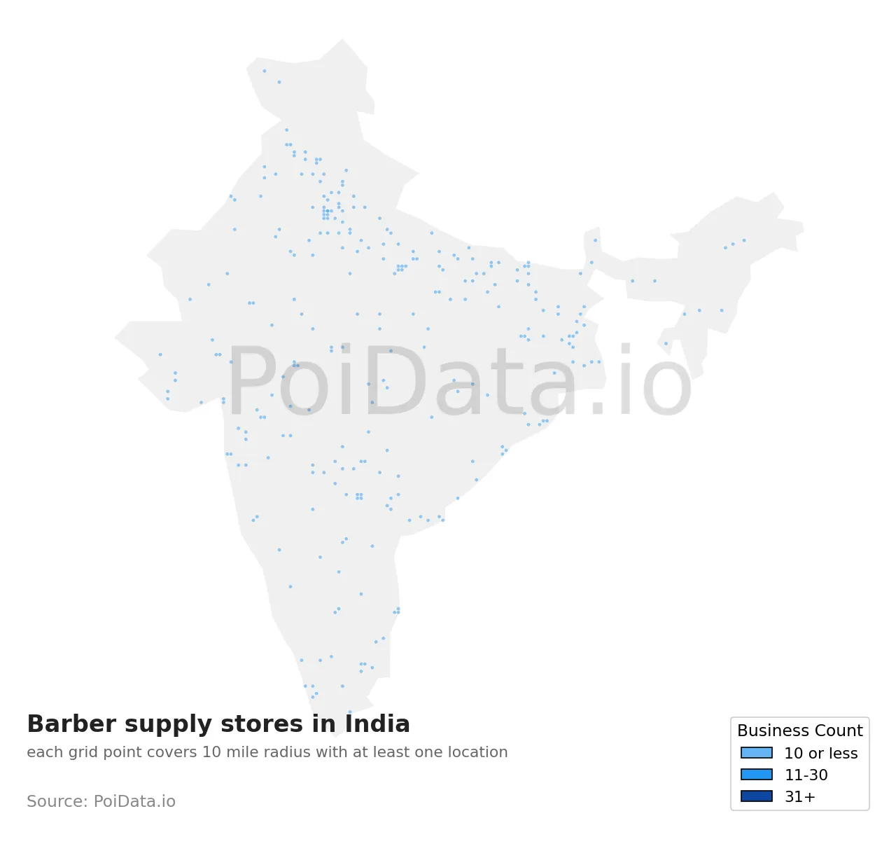 Barber supply store density map for India