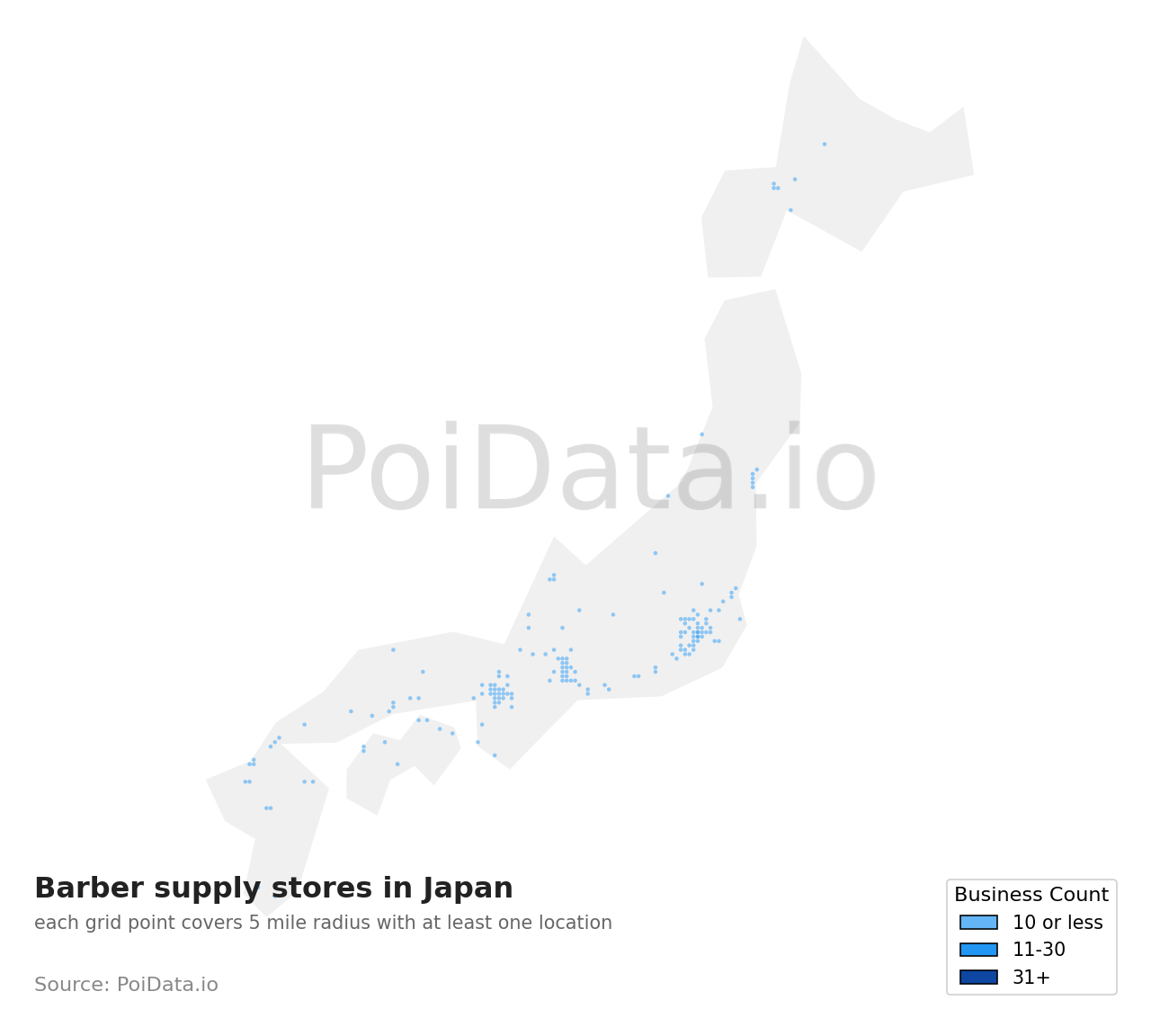 Barber supply store density map for Japan