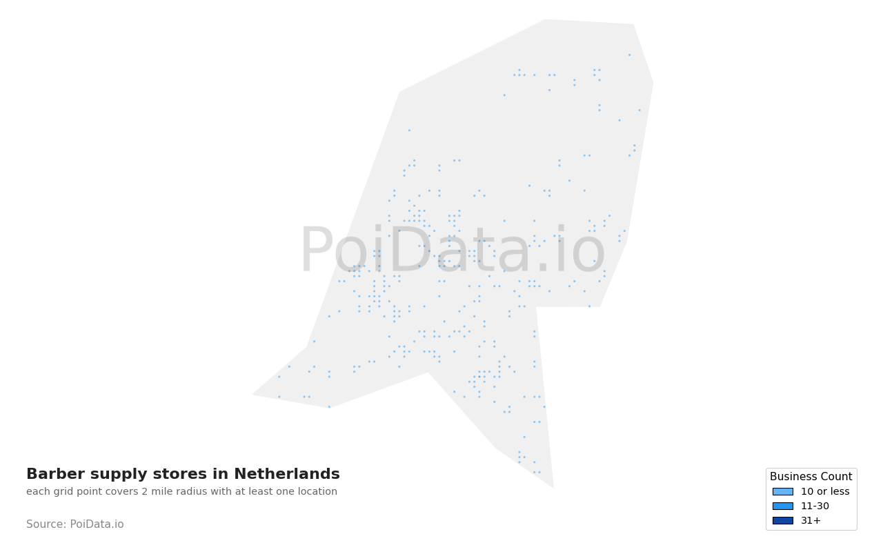 Barber supply store density map for Netherlands