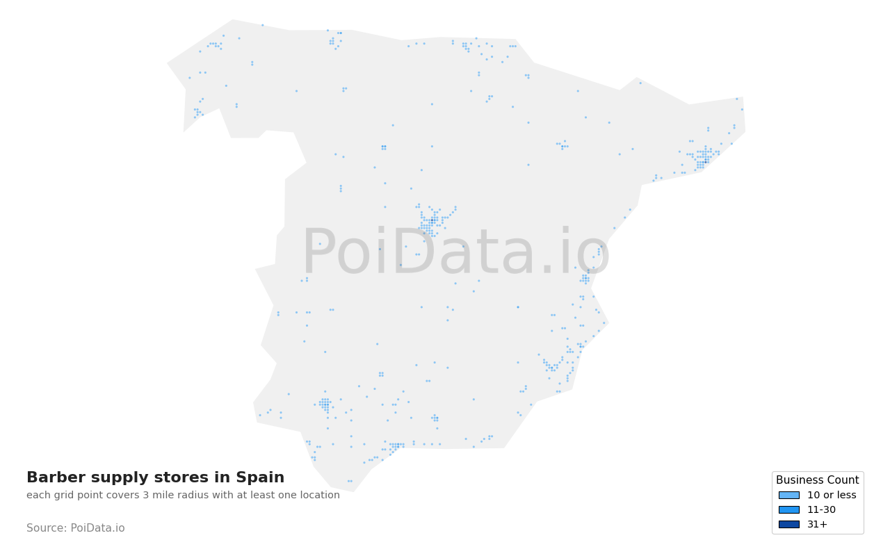 Barber supply store density map for Spain