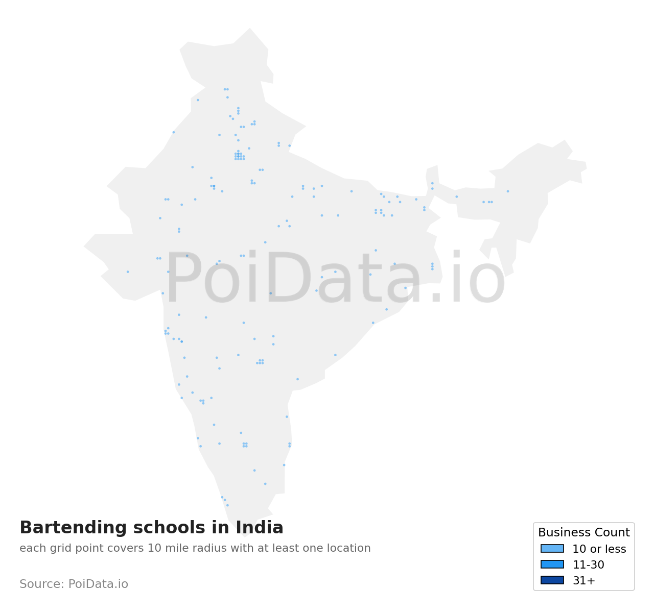 Bartending school density map for India
