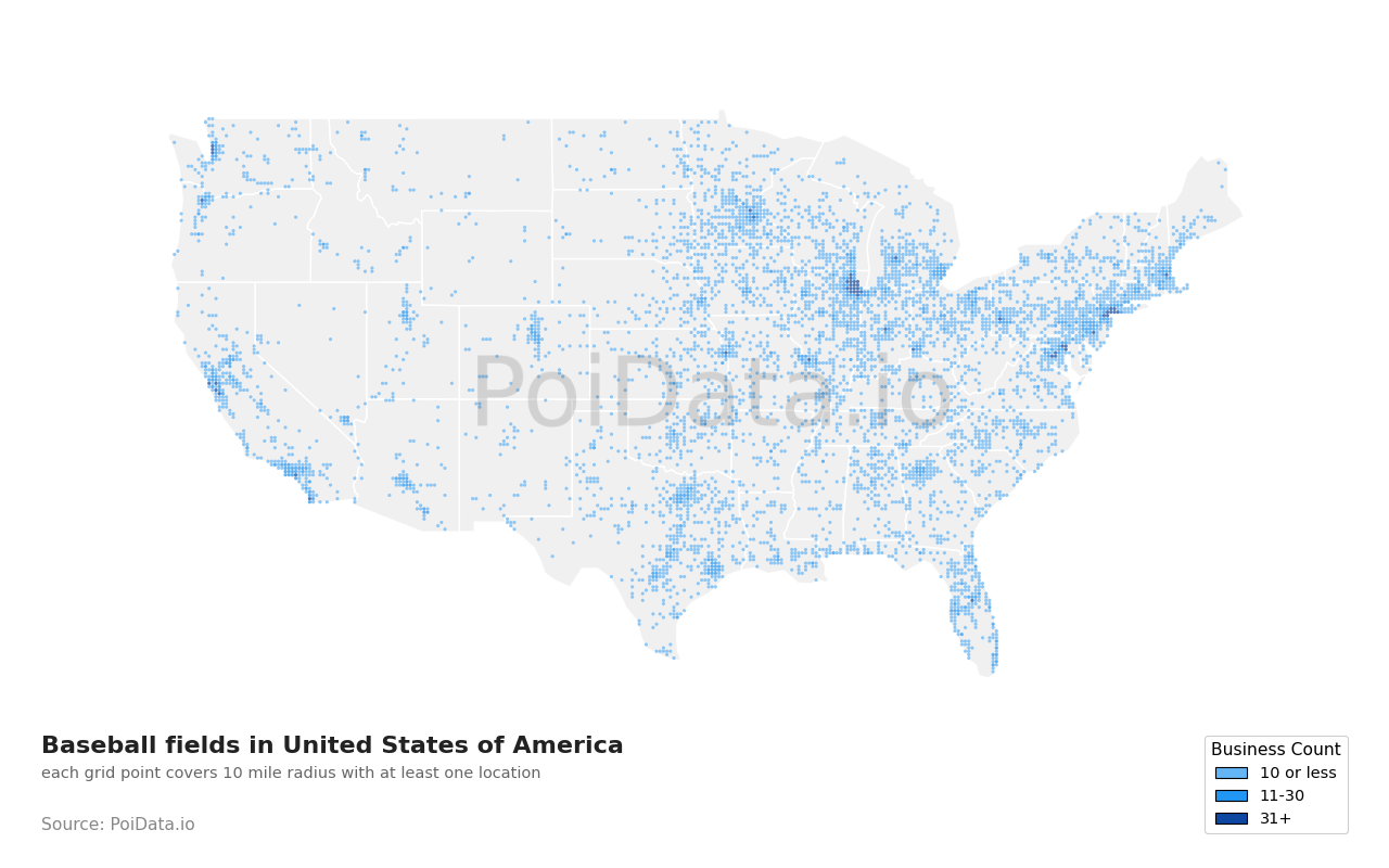 Baseball field density map for New York, United States