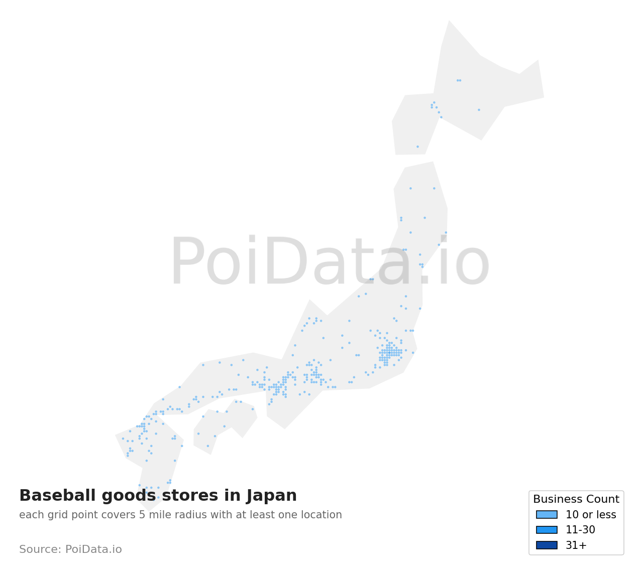 Baseball goods store density map for Japan