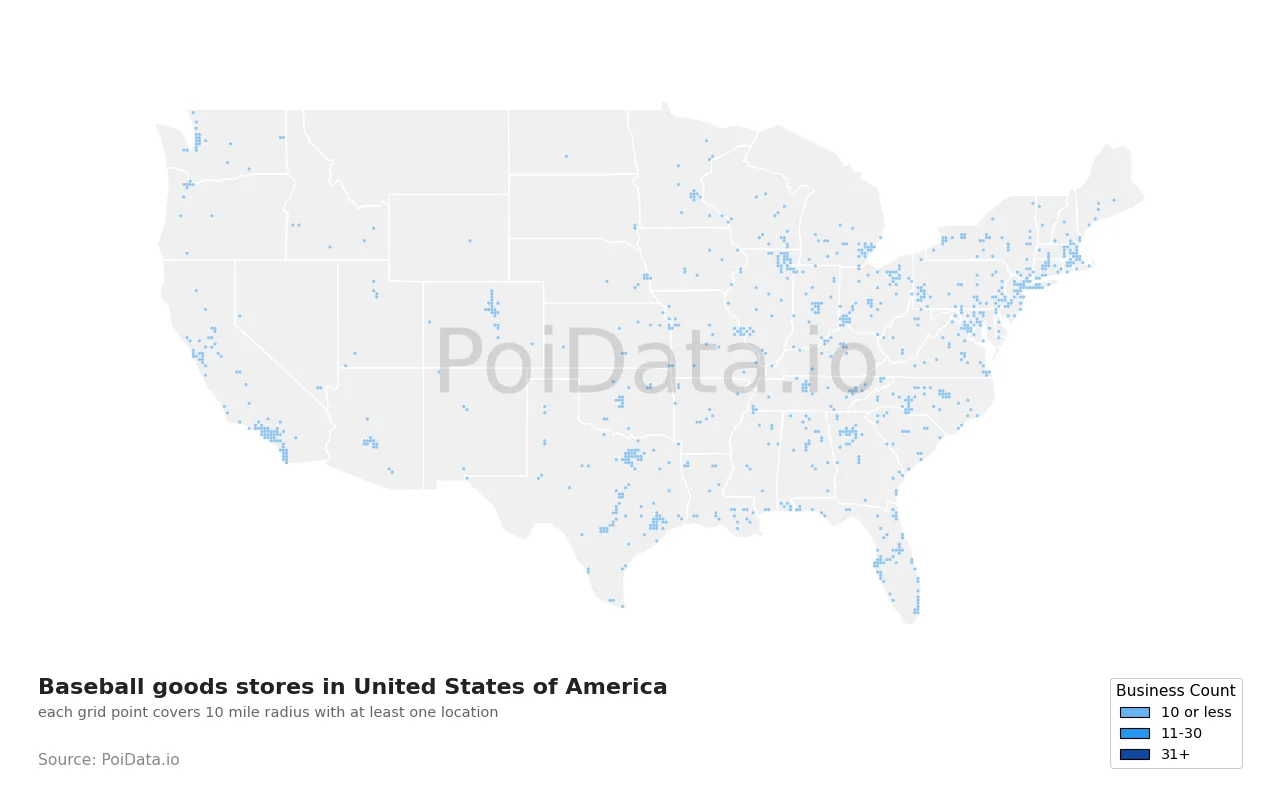 Baseball goods store density map for United States