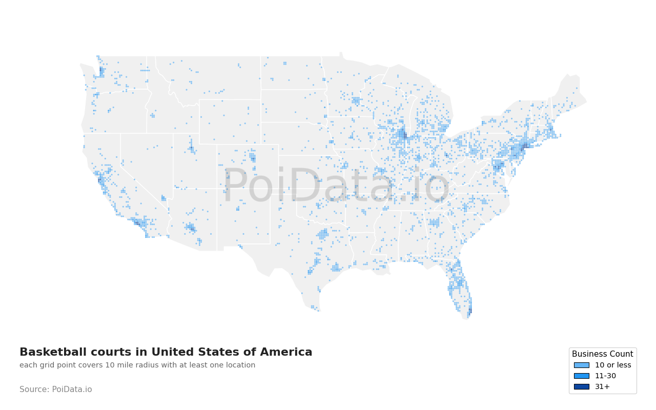 Basketball court density map for Florida, United States