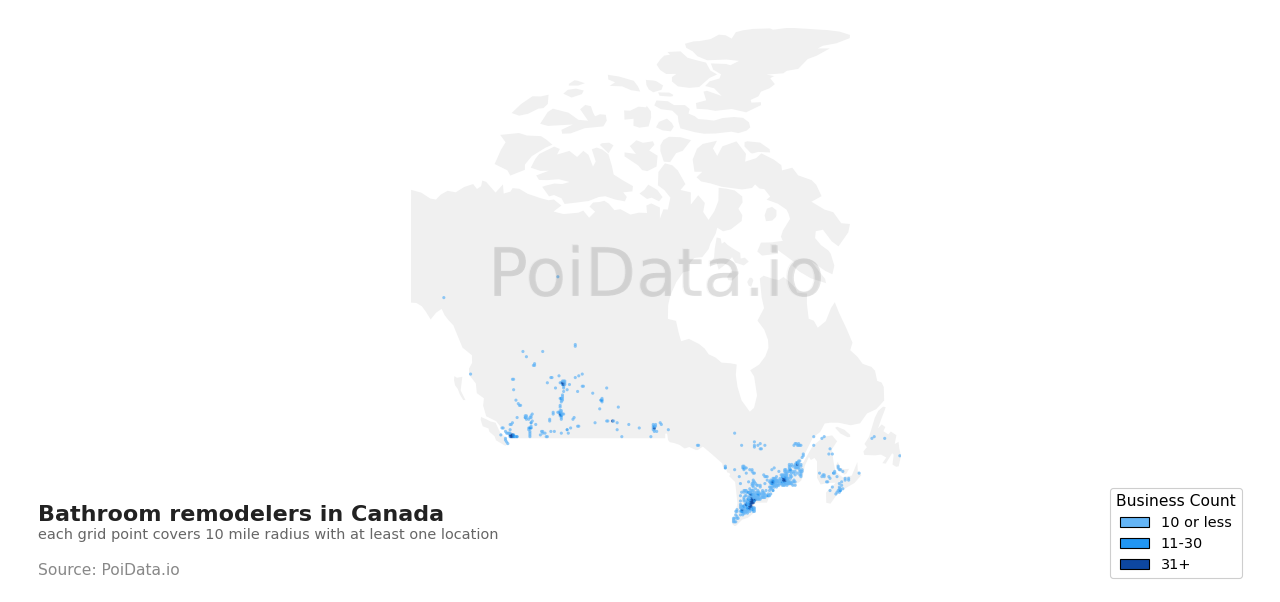 Bathroom remodeler density map for Canada