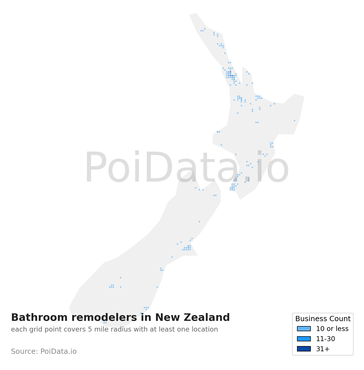 Bathroom remodeler density map for New Zealand