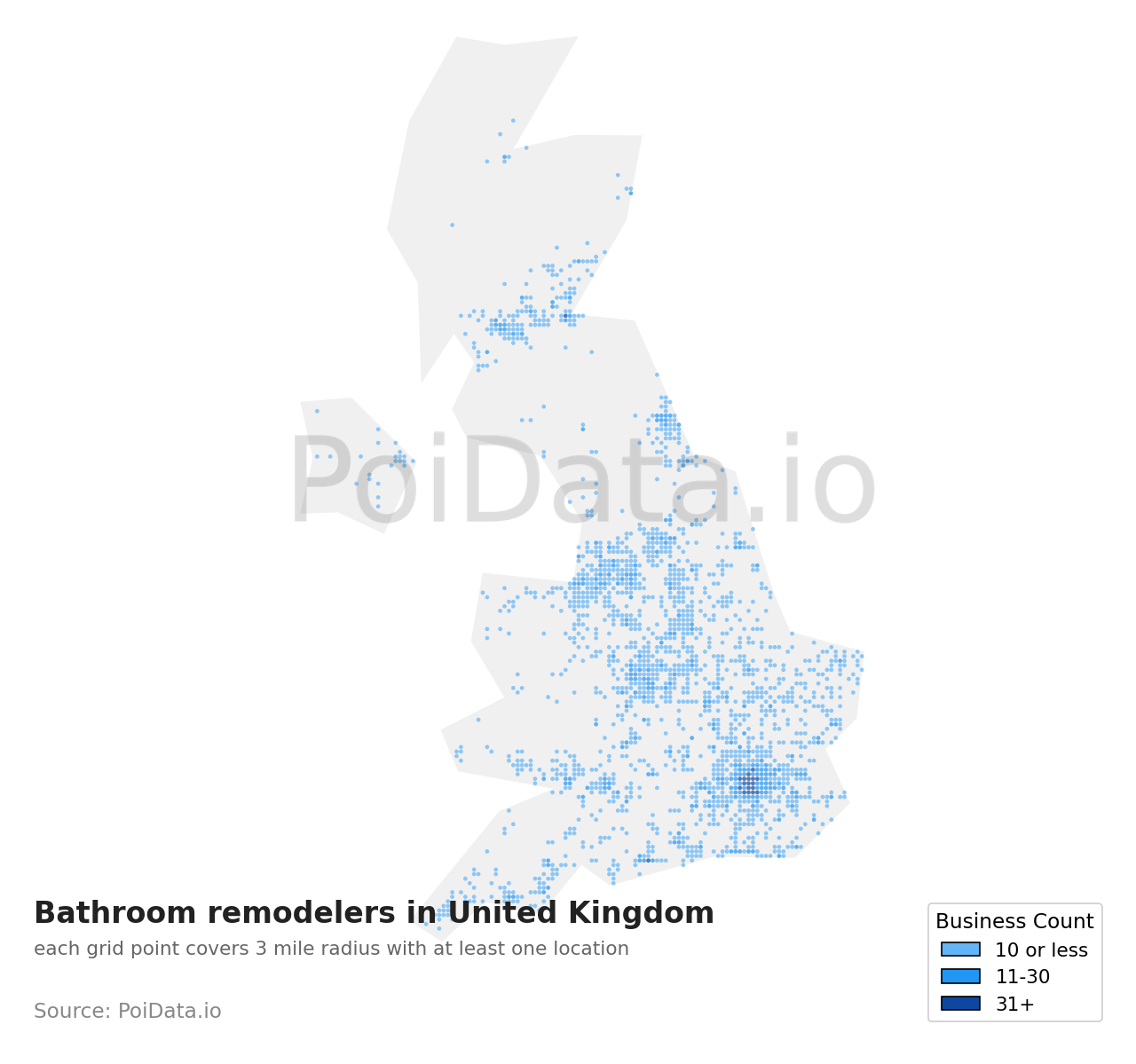 Bathroom remodeler density map for United Kingdom