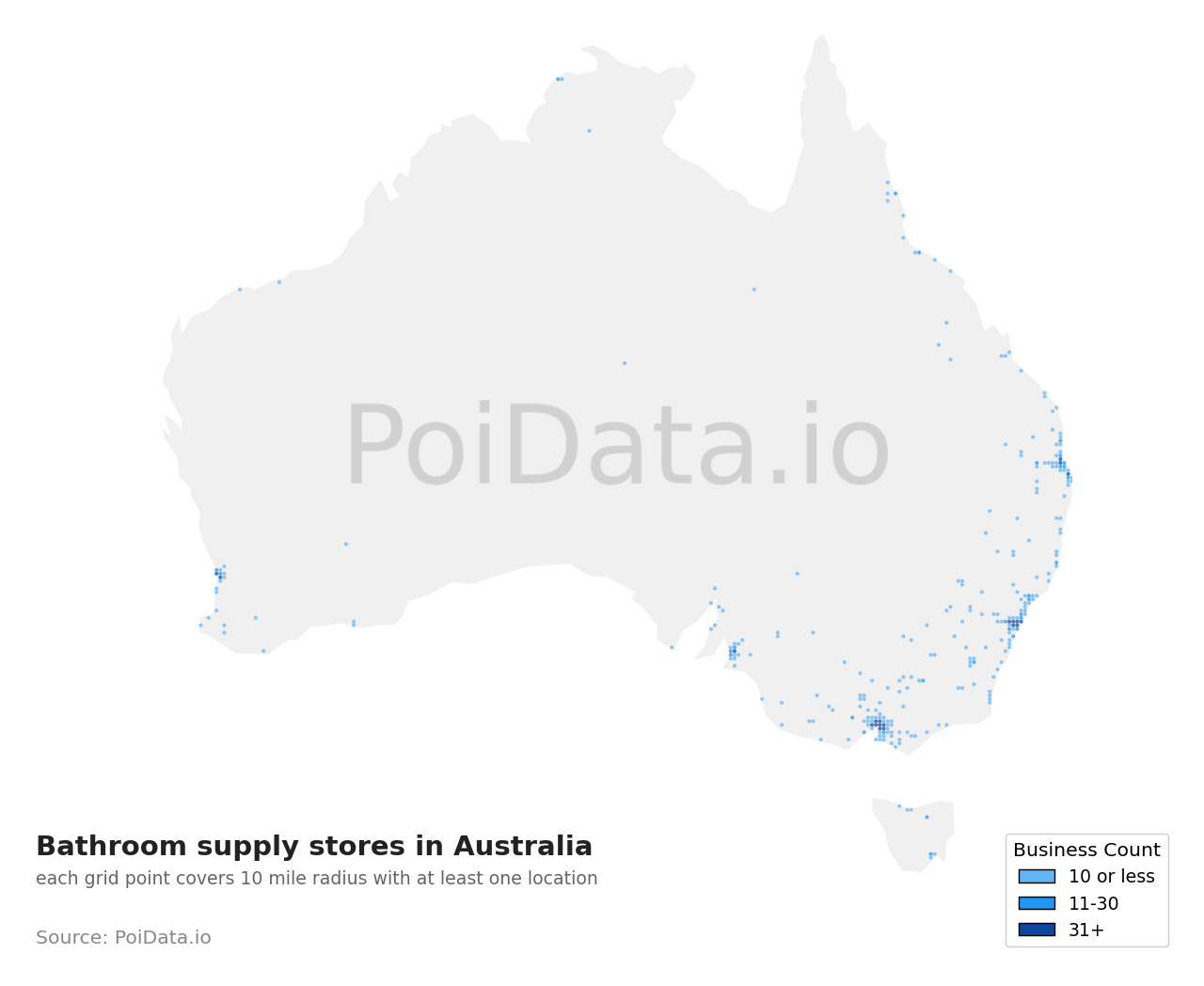 Bathroom supply store density map for Australia