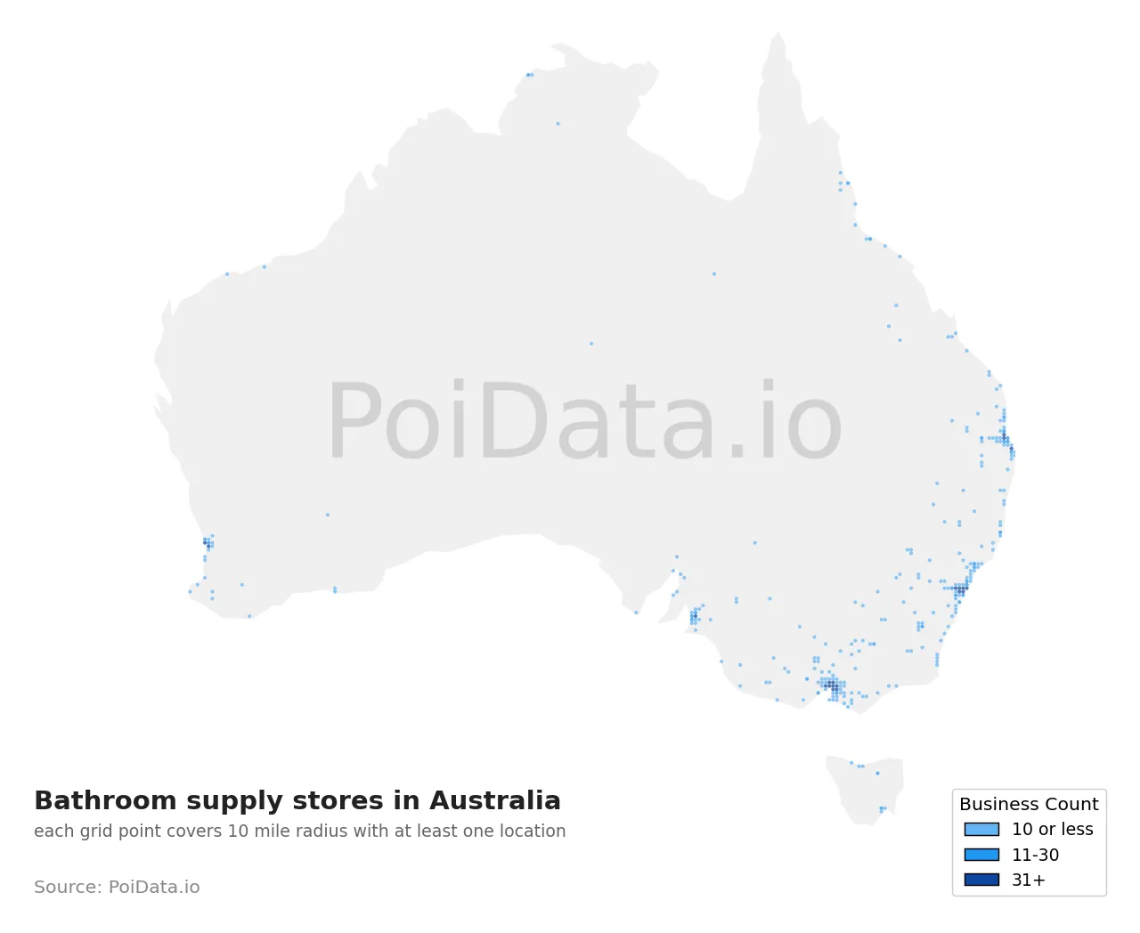 Bathroom supply store density map for Australia