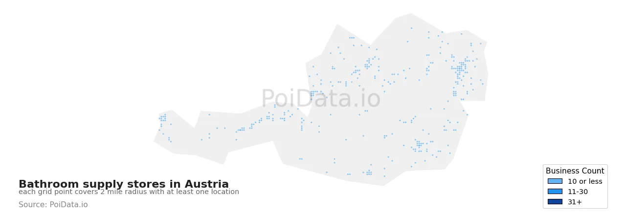 Bathroom supply store density map for Austria