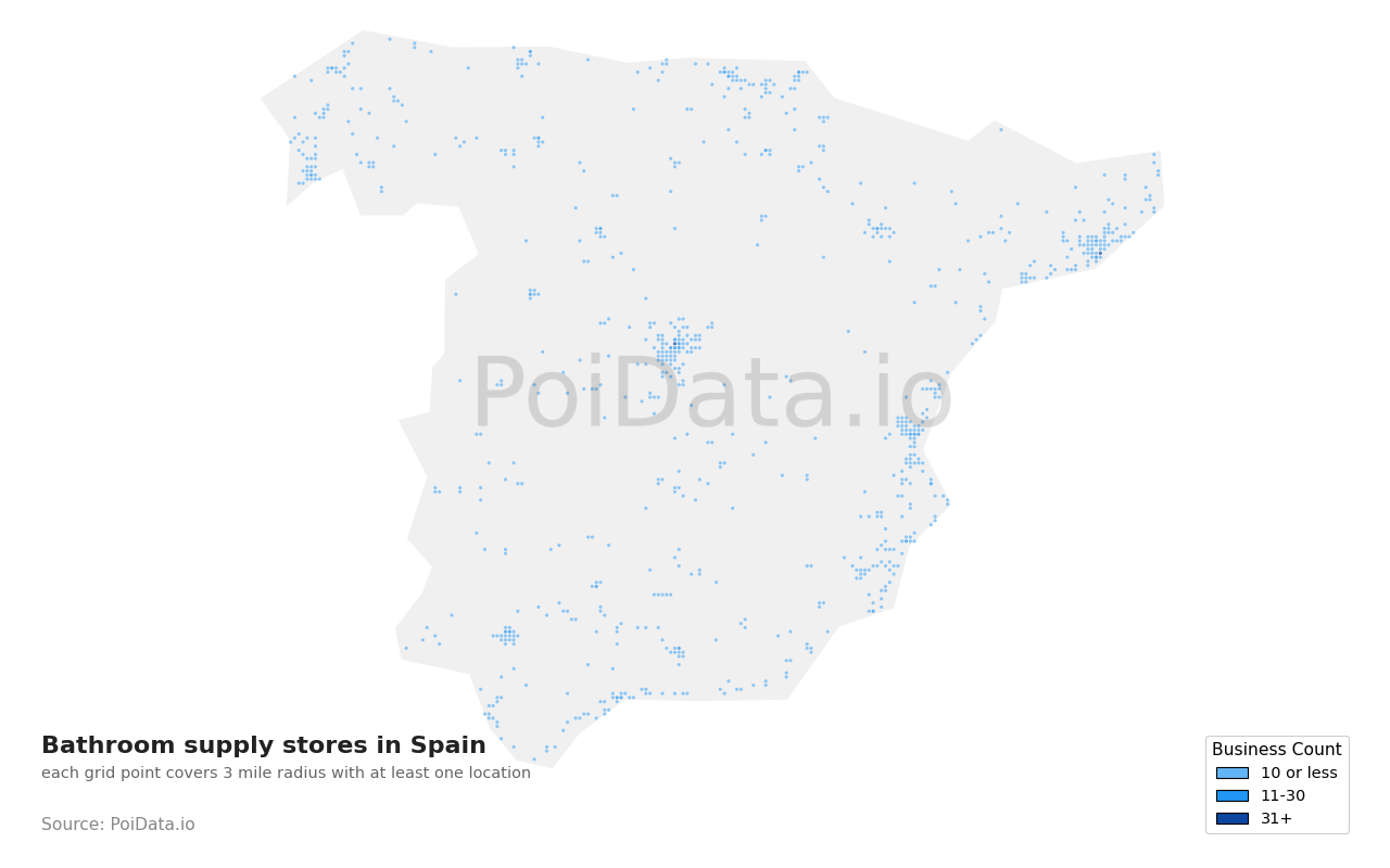 Bathroom supply store density map for Spain