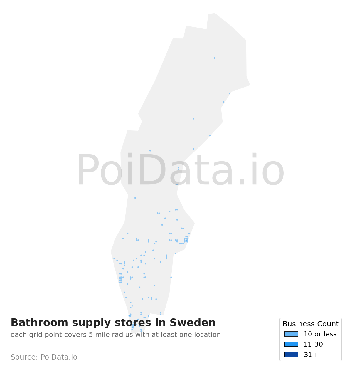 Bathroom supply store density map for Sweden