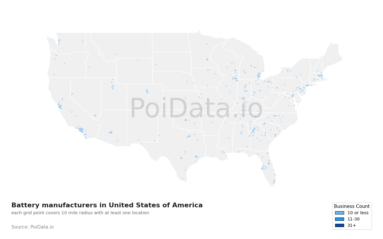 Battery manufacturer density map for Colorado, United States