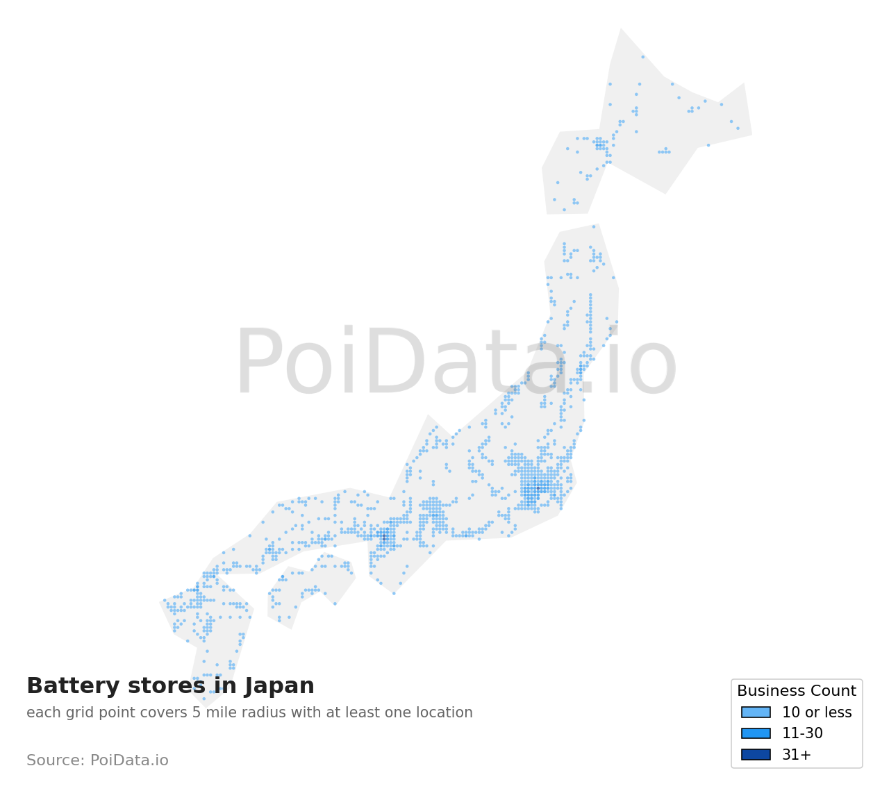 Battery store density map for Hyogo, Japan