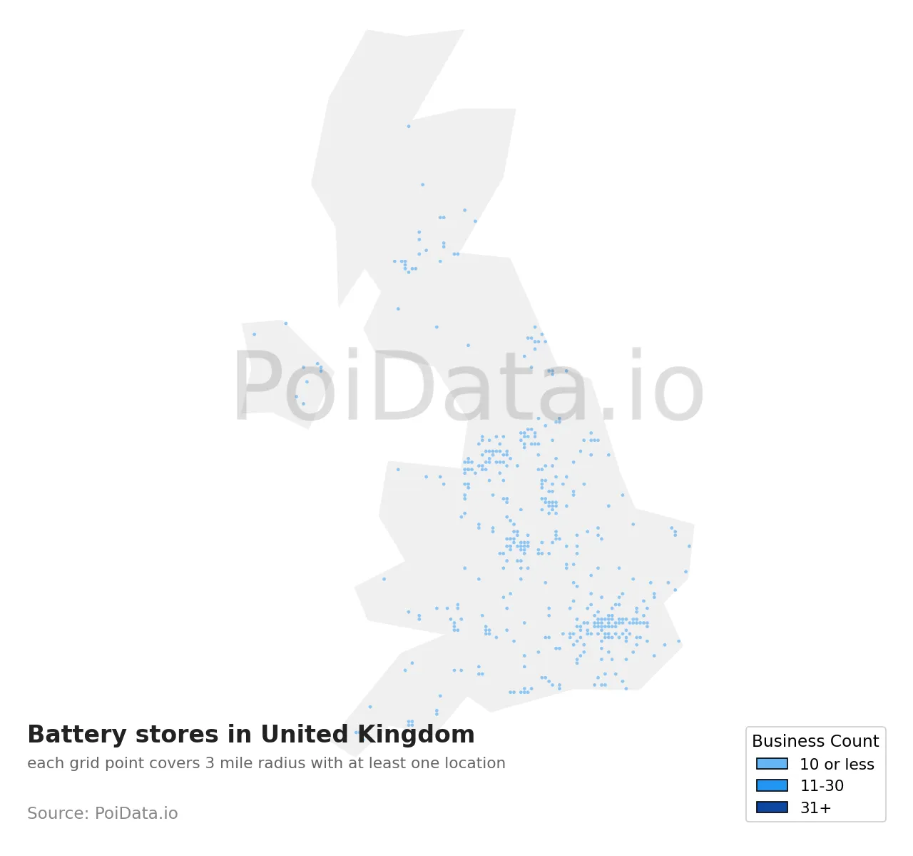 Battery store density map for United Kingdom