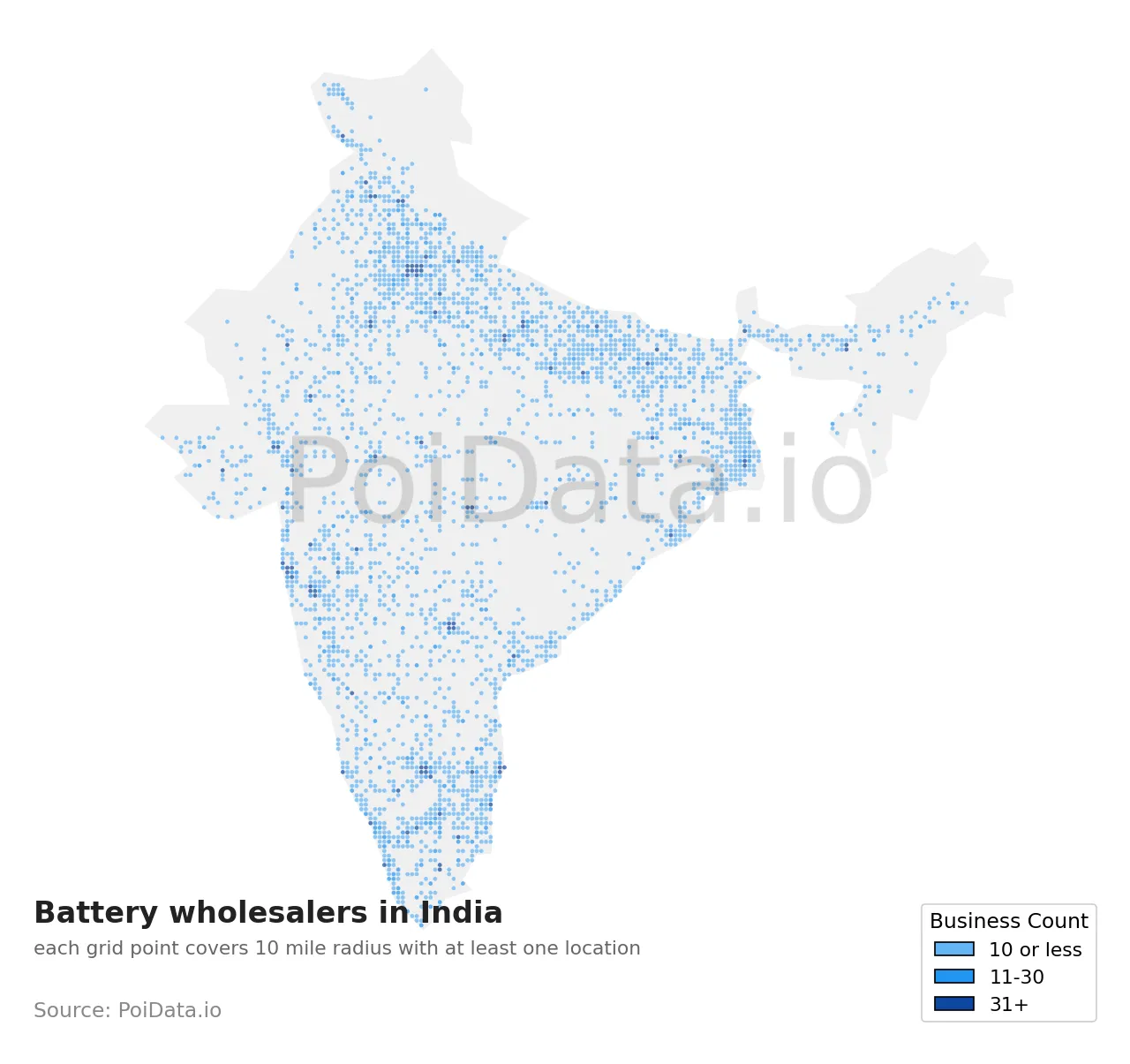 Battery wholesaler density map for India