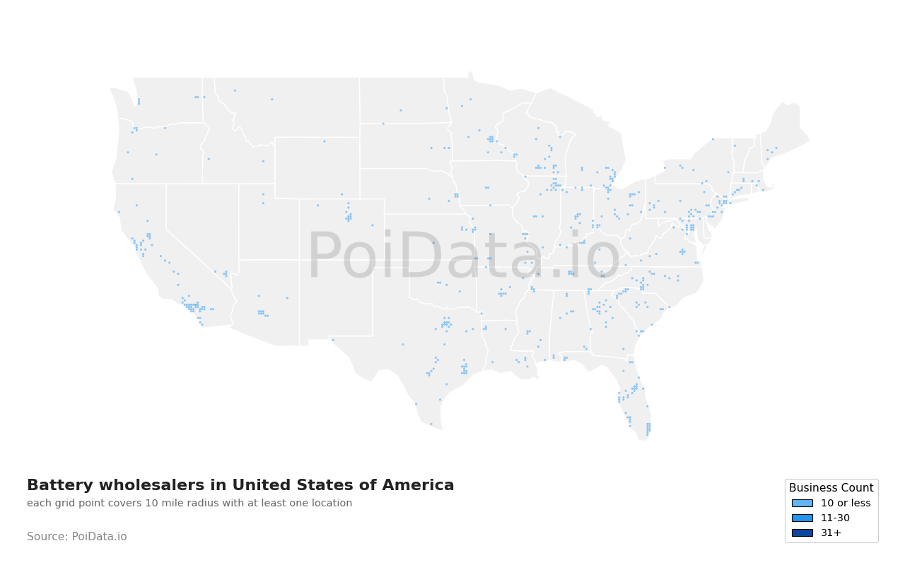 Battery wholesaler density map for Minnesota, United States