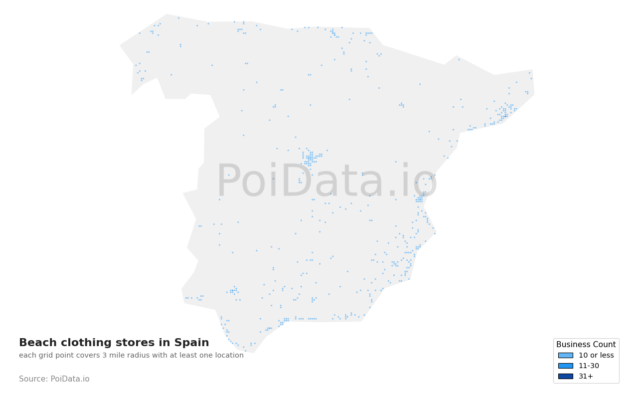 Beach clothing store density map for Spain