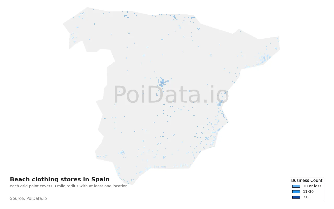 Beach clothing store density map for Spain